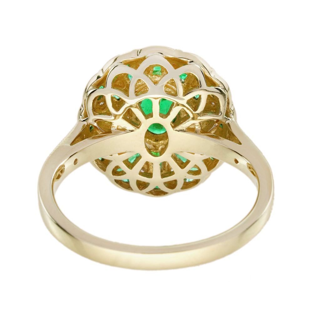 Modern Emerald and Diamond Oval Cluster Ring in 18ct Yellow Gold, vivid oval emerald encircled by alternating emeralds and diamonds in floral pattern