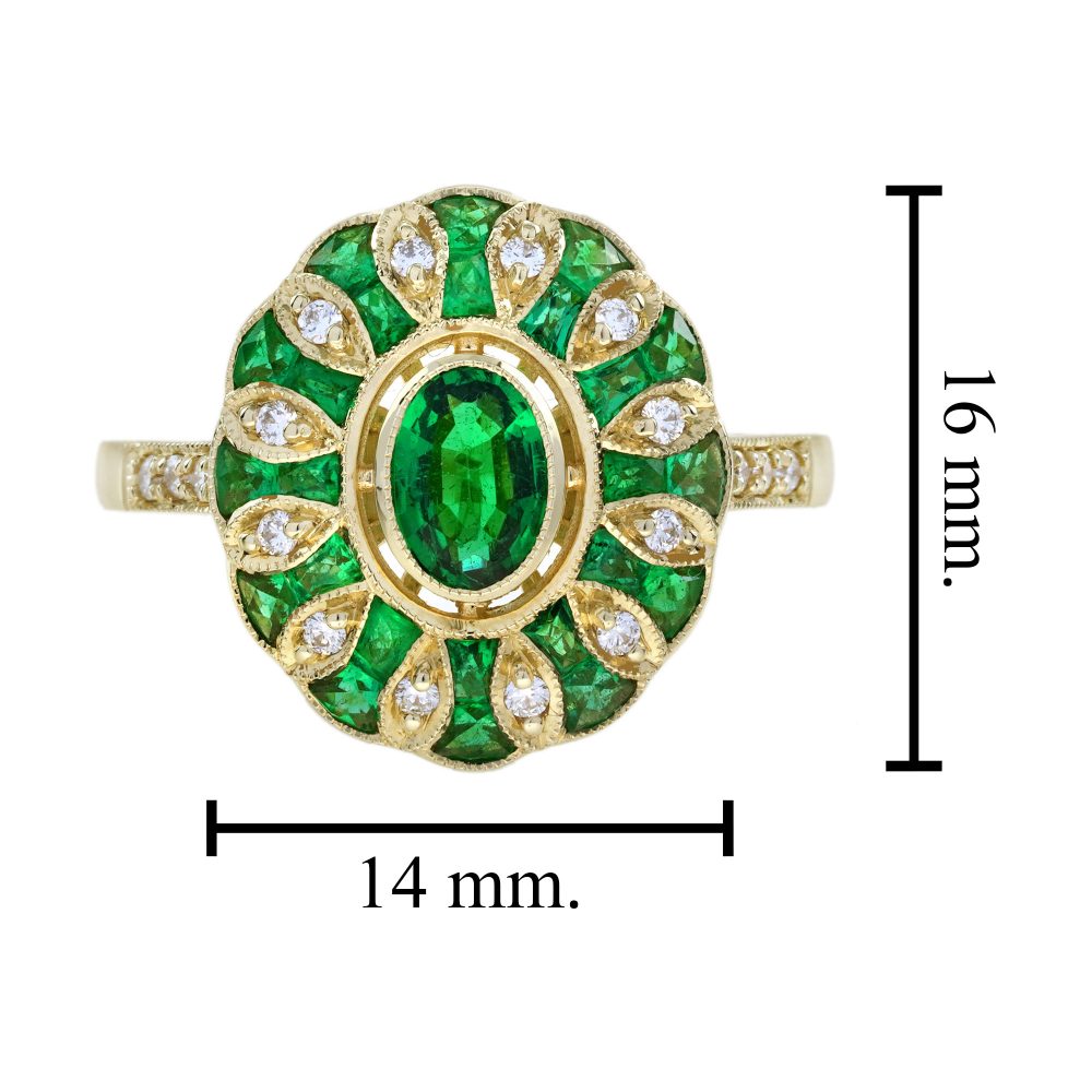 Modern Emerald and Diamond Oval Cluster Ring in 18ct Yellow Gold, vivid oval emerald encircled by alternating emeralds and diamonds in floral pattern