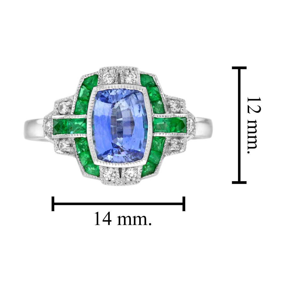 1.60ct Ceylon Sapphire Emerald and Diamond Engagement Ring, cushion-shape certified Ceylon sapphire flanked by vibrant green emeralds accented with diamonds in geometric detailing in 18ct white gold