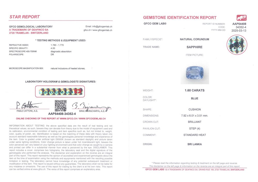 1.60ct Ceylon Sapphire Emerald and Diamond Engagement Ring, cushion-shape certified Ceylon sapphire flanked by vibrant green emeralds accented with diamonds in geometric detailing in 18ct white gold