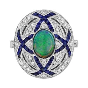 Art Deco Style Black Opal Sapphire and Diamond Cluster Cocktail Ring