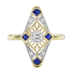 Diamond and Sapphire Navette Cluster Ring in 14ct Yellow Gold