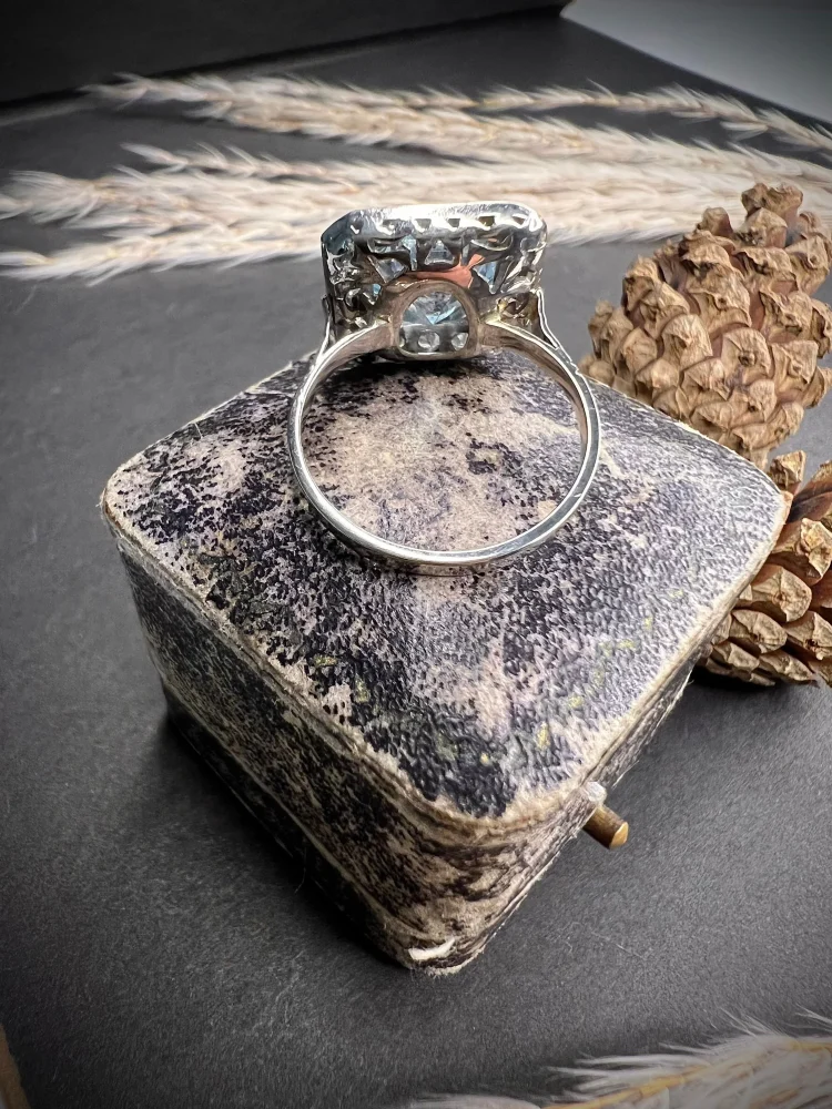 Art Deco Square Cut Aquamarine and Diamond Cluster Ring