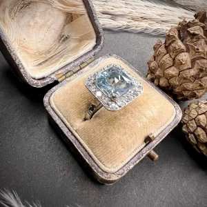 Art Deco Square Cut Aquamarine and Diamond Cluster Ring