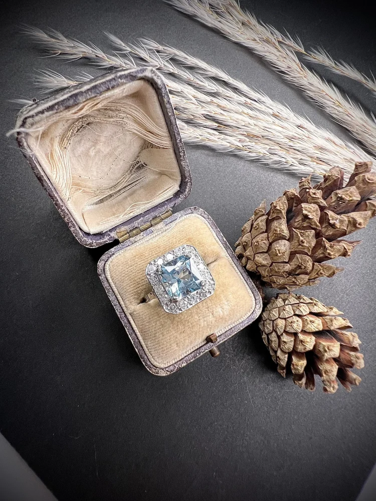 Art Deco Square Cut Aquamarine and Diamond Cluster Ring