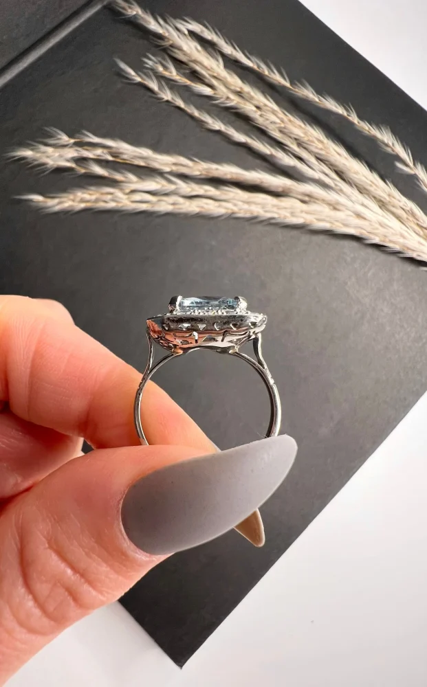 Art Deco Square Cut Aquamarine and Diamond Cluster Ring