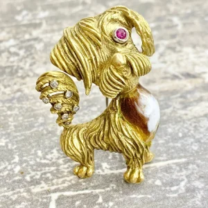 Vintage 18ct Gold Dog Brooch with Diamond Ruby and Enamel, 18ct yellow gold dog brooch with diamond tail ruby eye caramel and white enamel chest. Circa 1970s