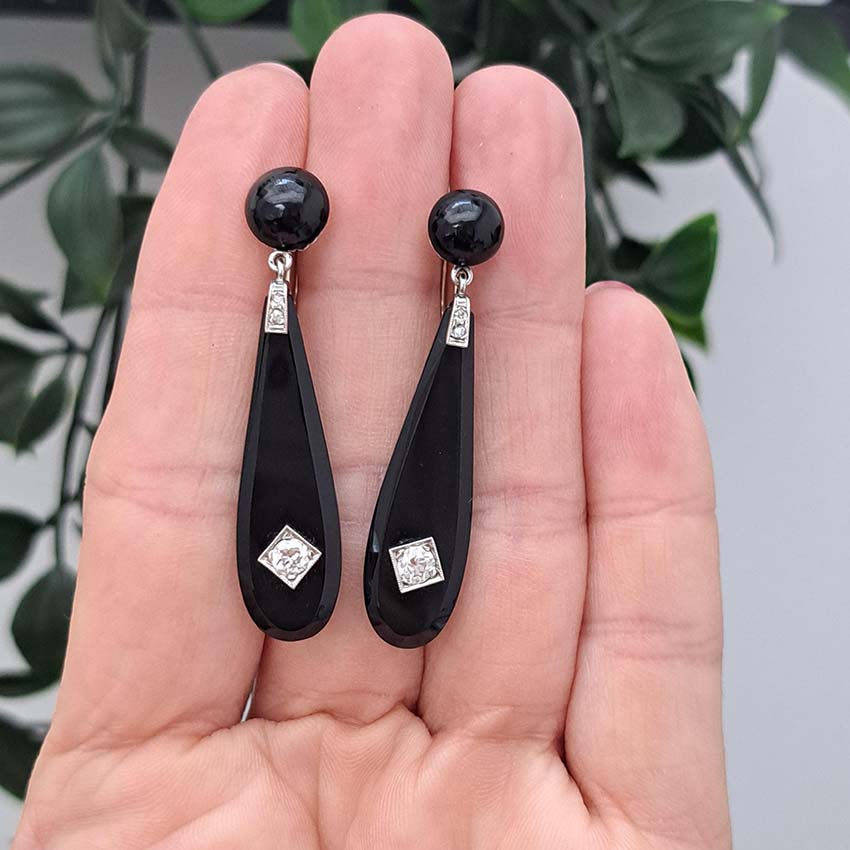 Art Deco Old Cut Diamond and Onyx Drop Earrings, black onyx drop earrings accented with old cut diamonds set in platinum. Circa 1920