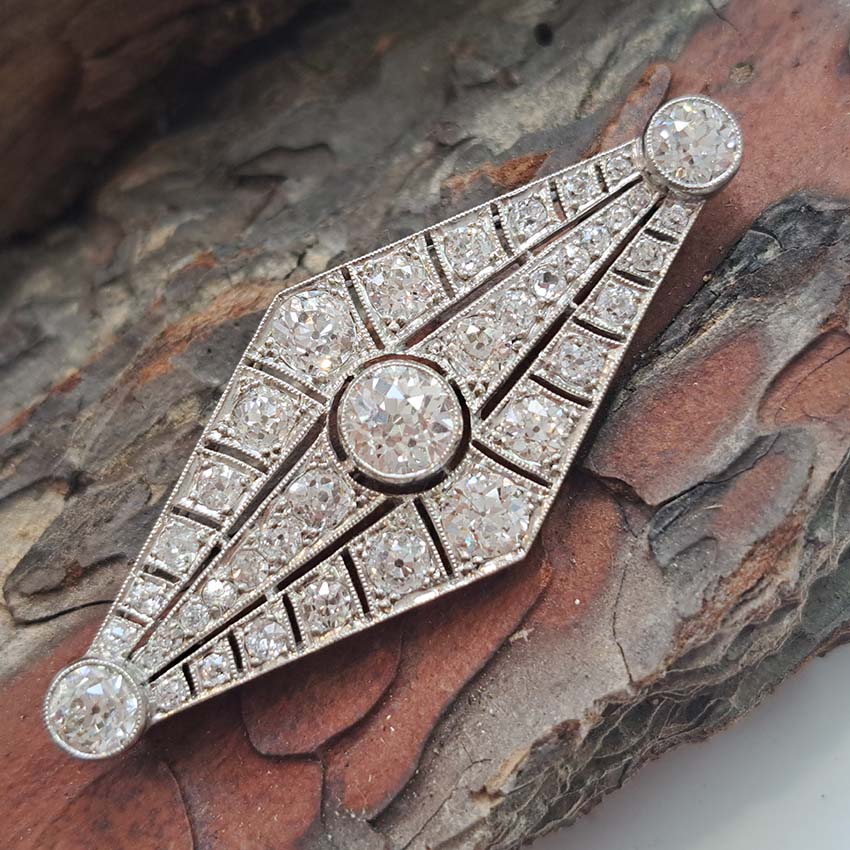 Vintage Antique Art Deco French 4.67ct Old Cut Diamond Navette Lozenge Brooch in Platinum, Circa 1920