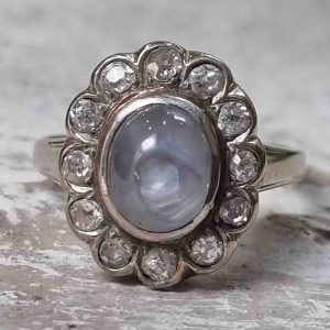 Late Art Deco Star Sapphire and Diamond Cluster Ring
