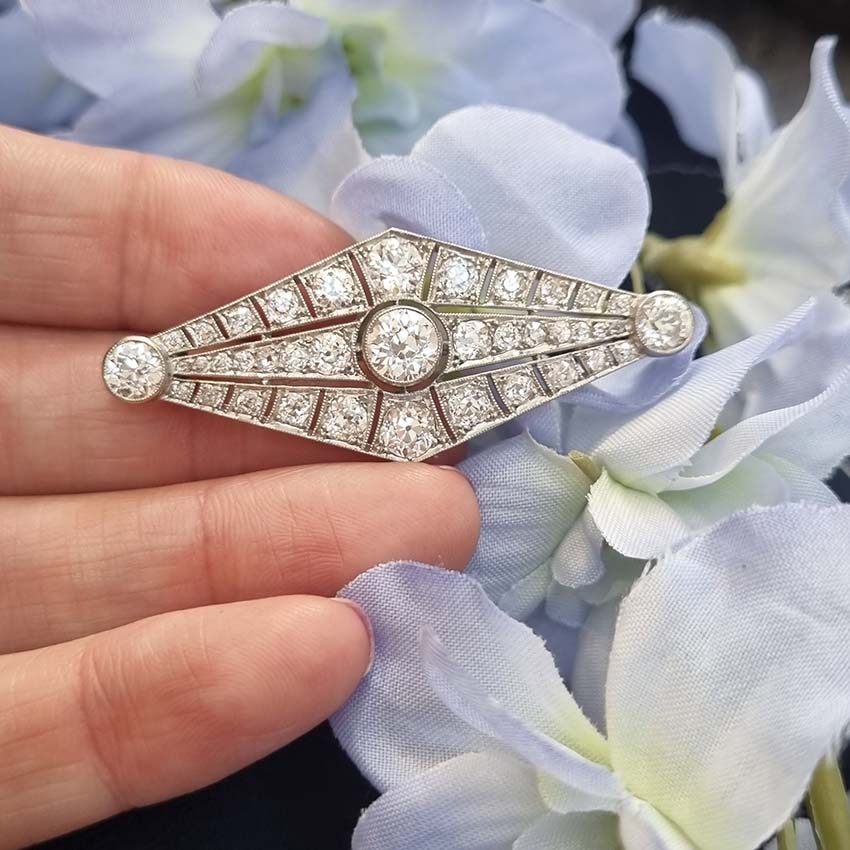 Vintage Antique Art Deco French 4.67ct Old Cut Diamond Navette Lozenge Brooch in Platinum, Circa 1920