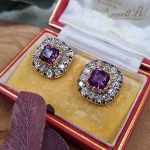 Antique Amethyst and Diamond Cluster Clip Earrings, octagonal deep purple amethysts surrounded by sparkling diamonds in silver upon yellow gold, Circa 1900
