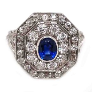 Art Deco Natural No Heat Burma Sapphire and Diamond Cluster Plaque Ring, certified natural unheated/untreated Burma sapphire surrounded by double halo of sparkling diamonds with GCS laboratory report