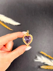 Antique Amethyst And Pearl Heart Pendant In 15 Carat Yellow Gold