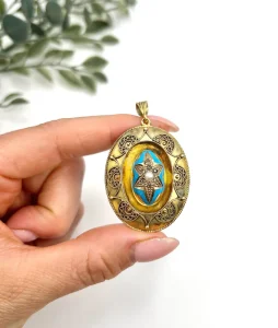 Antique 15 Carat Yellow Gold Locket/Pendant With Enamel And Gemstones