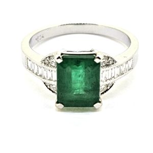 Emerald and Baguette Diamond Engagement Ring in 18ct White Gold