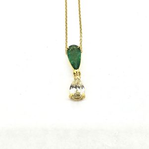 Single Stone Pear Shaped Emerald and Diamond Solitaire Two Stone Pendant in 18ct Yellow Gold with Chain
