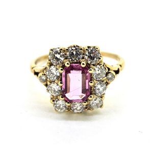 Antique Style Pink Sapphire and Diamond Crown Cluster Ring in Yellow Gold