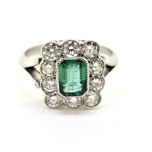 1ct Emerald and Diamond Floral Cluster Ring in Platinum