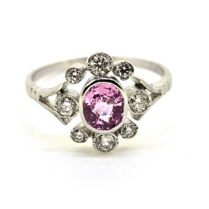 Contemporary 1ct Pink Sapphire and Diamond Flower Cluster Ring in Platinum