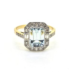 Modern 1.67ct Aquamarine and Diamond Cluster Dress Ring in 18ct Yellow Gold