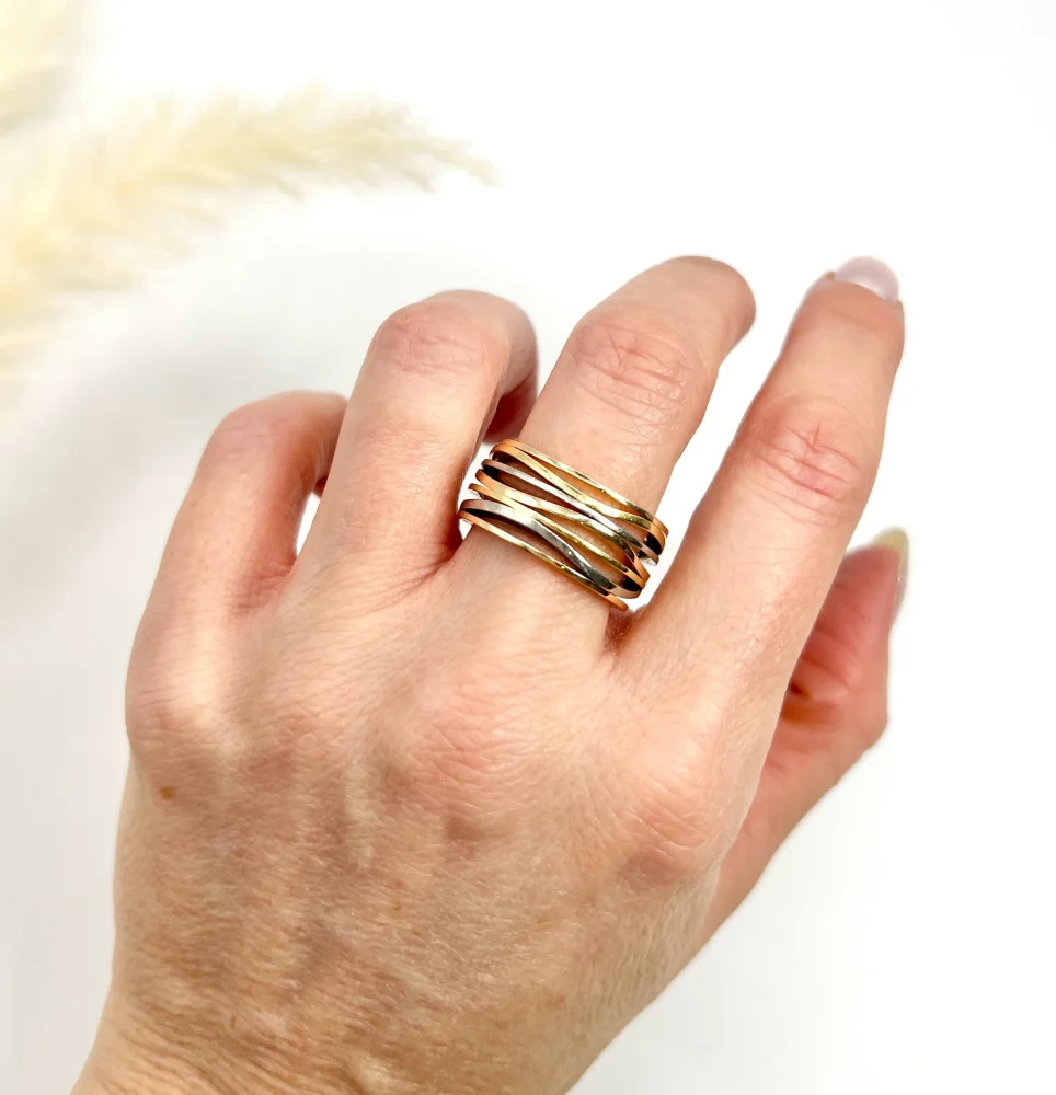 Omega Ladymatic ring in three colour gold.