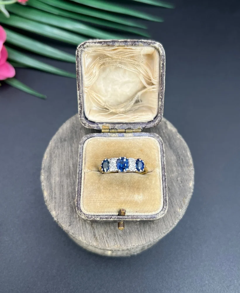 Antique sapphire and diamond ring in gold and platinum..