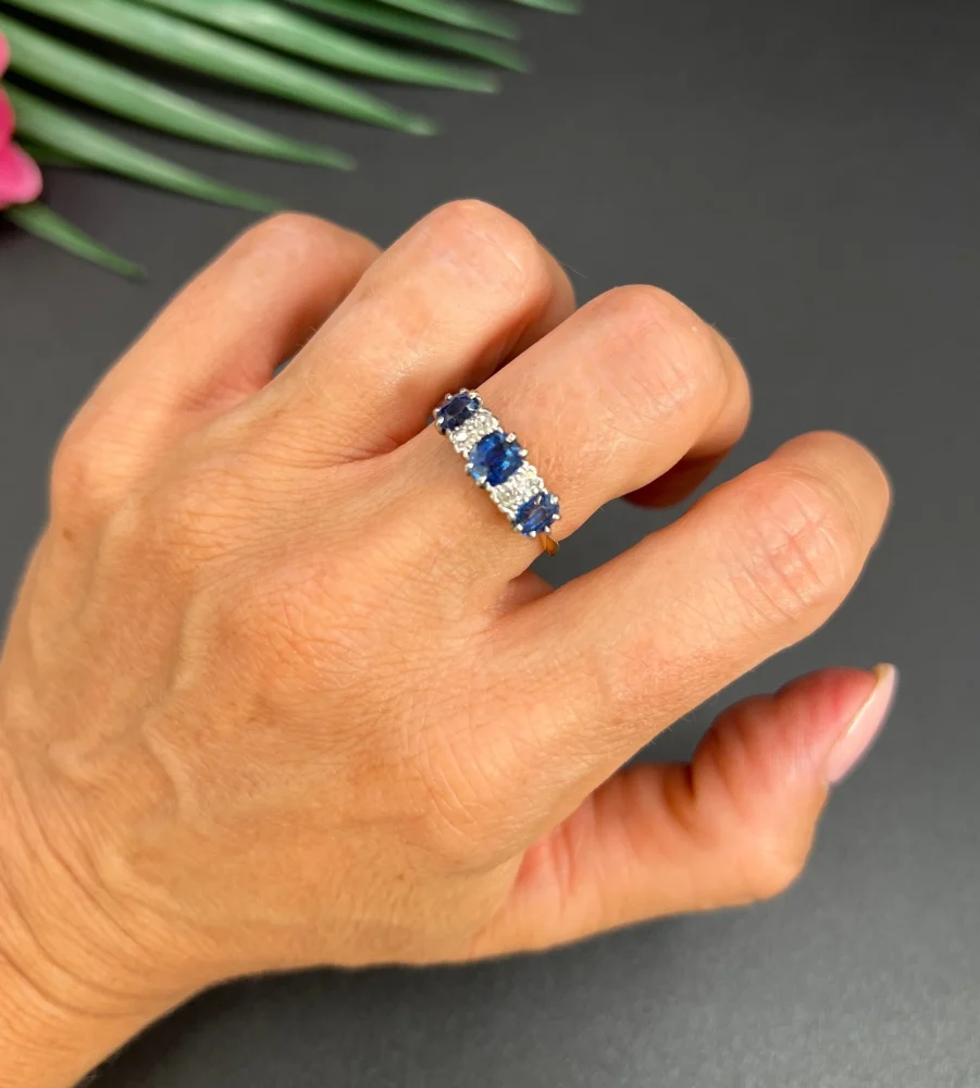 Antique sapphire and diamond ring in gold and platinum..