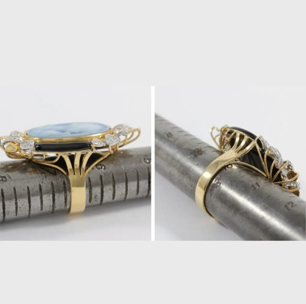 Gold stacking ring with emerald diamond and ruby.