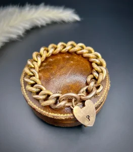 Antique 9 Carat Rose Gold Night & Day Curb Bracelet With Heart Padlock Clasp