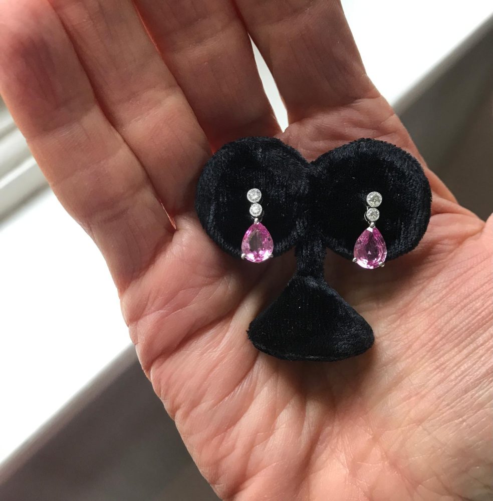 Pear Shaped Pink Sapphire and Diamond Drop Earrings