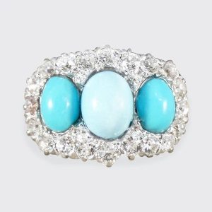 Victorian turquoise and diamond cluster ring in gold.